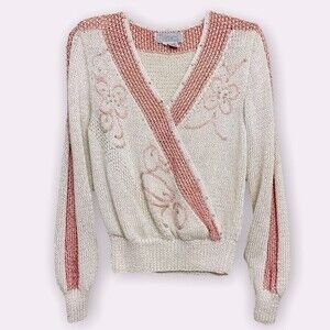 Nannell Vintage Embroidered Flowers Rhinestone Knit Sweater Womens Size Small